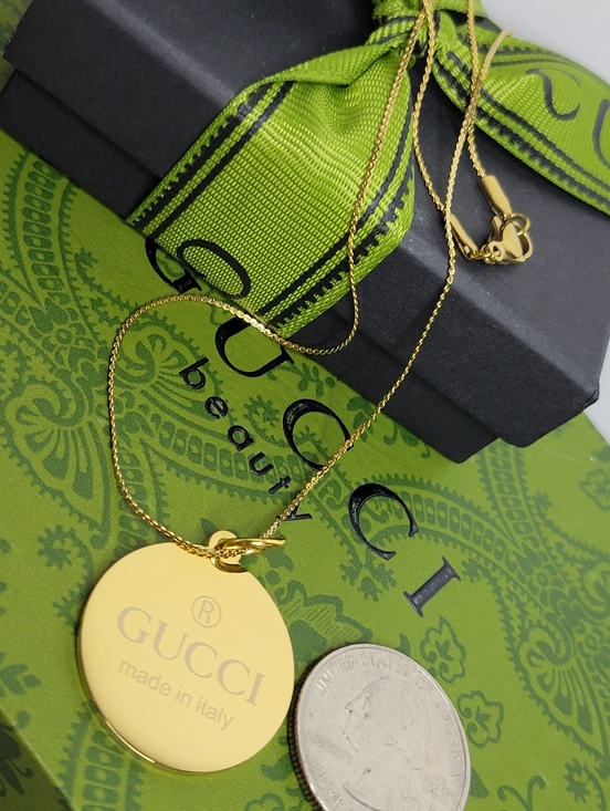 Jewelry - Gucci Double Sided Gold Plated Medallion Zip Pull 18" Gold Plated Chain Necklace